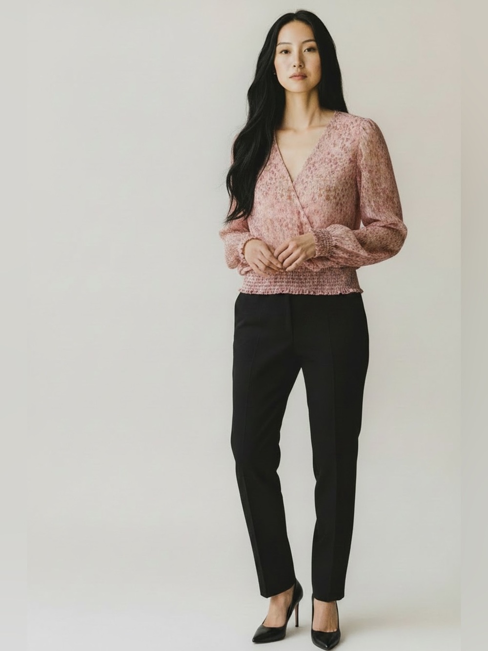 Halogen Pink Floral Wrap Blouse Long Sleeve with Smocked Hem